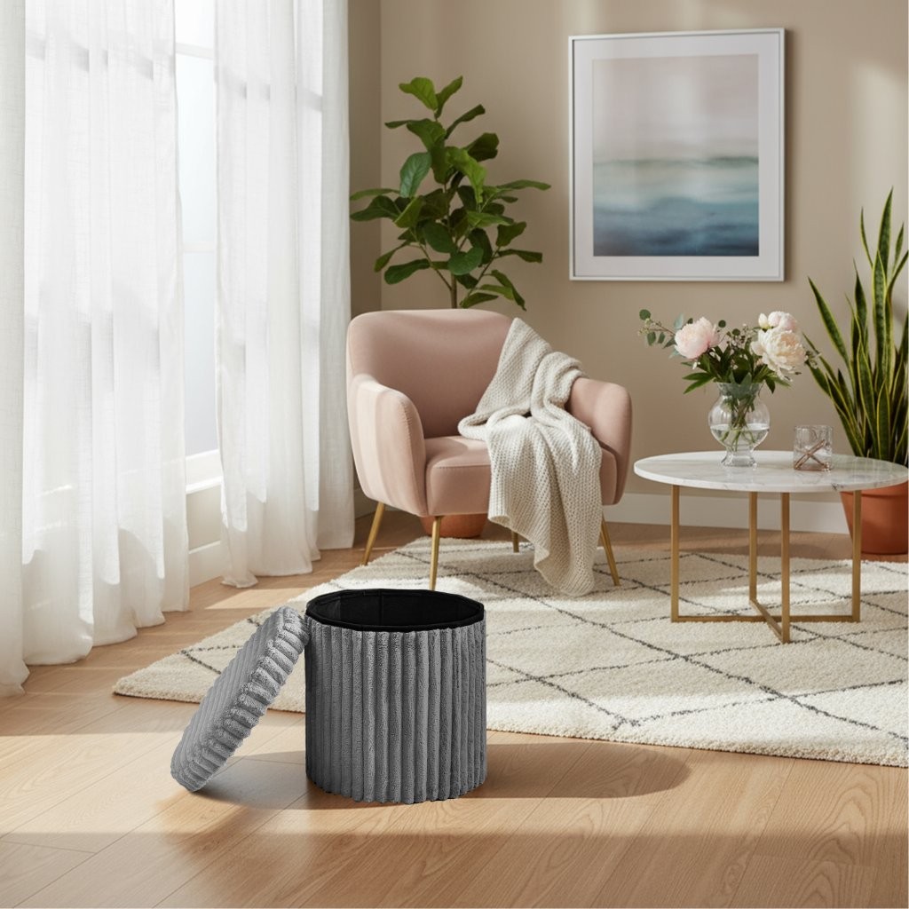Ribbed Storage Box Ottoman Multipurpose Seat Foot Stool Toys Box Organizer Round Shape - Image 8