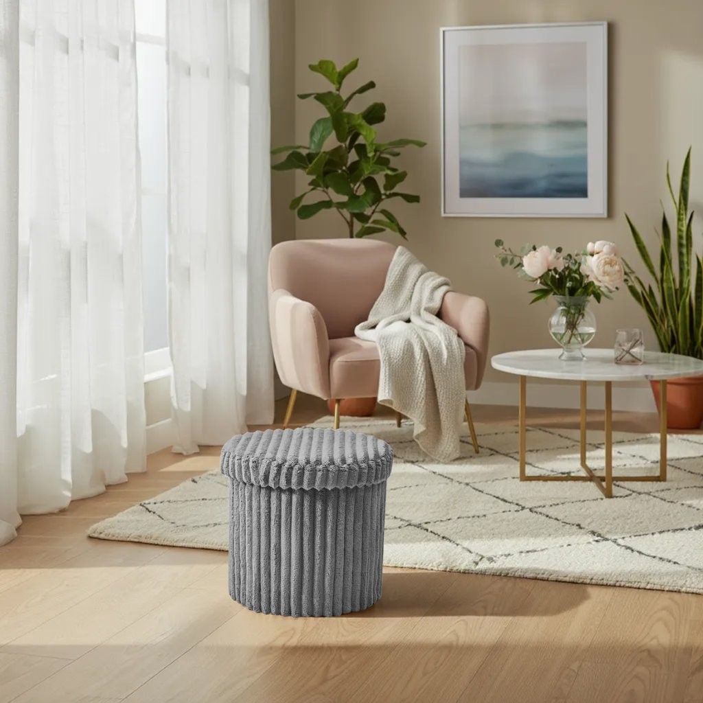 Ribbed Storage Box Ottoman Multipurpose Seat Foot Stool Toys Box Organizer Round Shape - Image 5