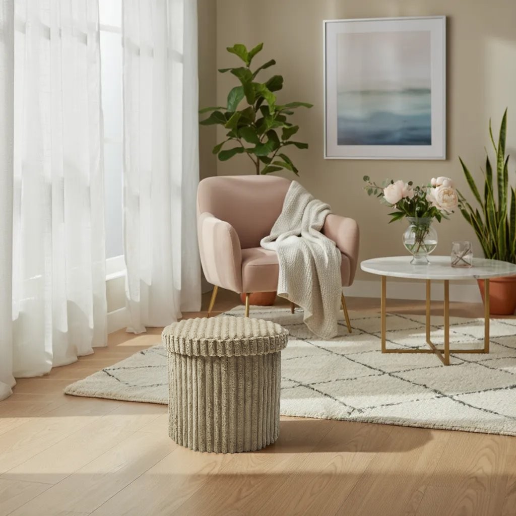 Ribbed Storage Box Ottoman Multipurpose Seat Foot Stool Toys Box Organizer Round Shape - Image 6