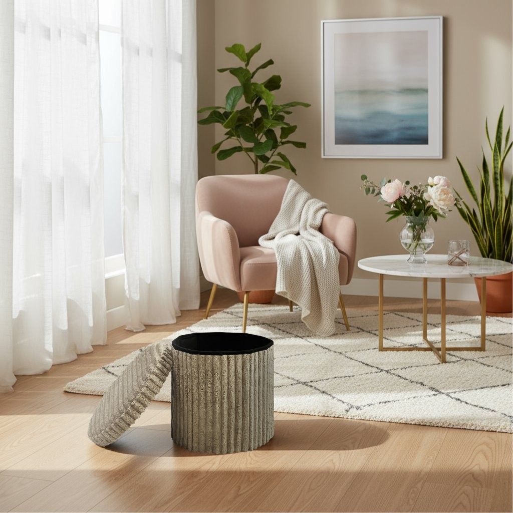 Ribbed Storage Box Ottoman Multipurpose Seat Foot Stool Toys Box Organizer Round Shape - Image 9