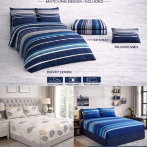 Microfibre Complete Leaves Stripes Bedding Set – Duvet Cover, Fitted Sheet & Pillowcase