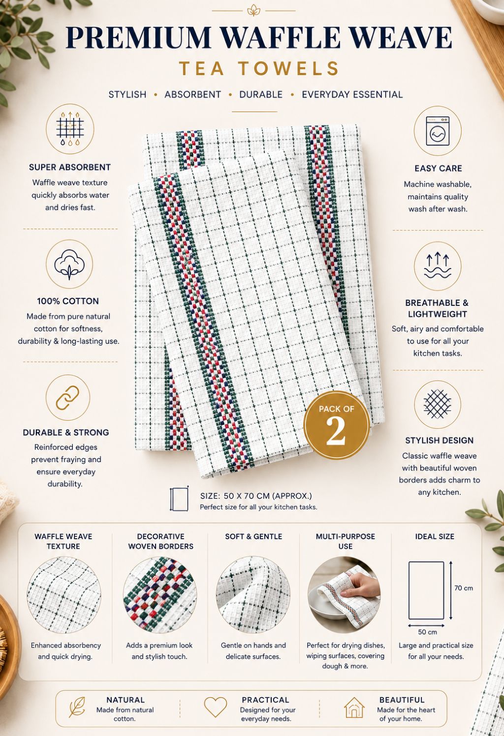 Hawai Tea Towels 2 Pack – 100% Cotton, Soft & Absorbent Kitchen Towels 50x70cm - Image 4