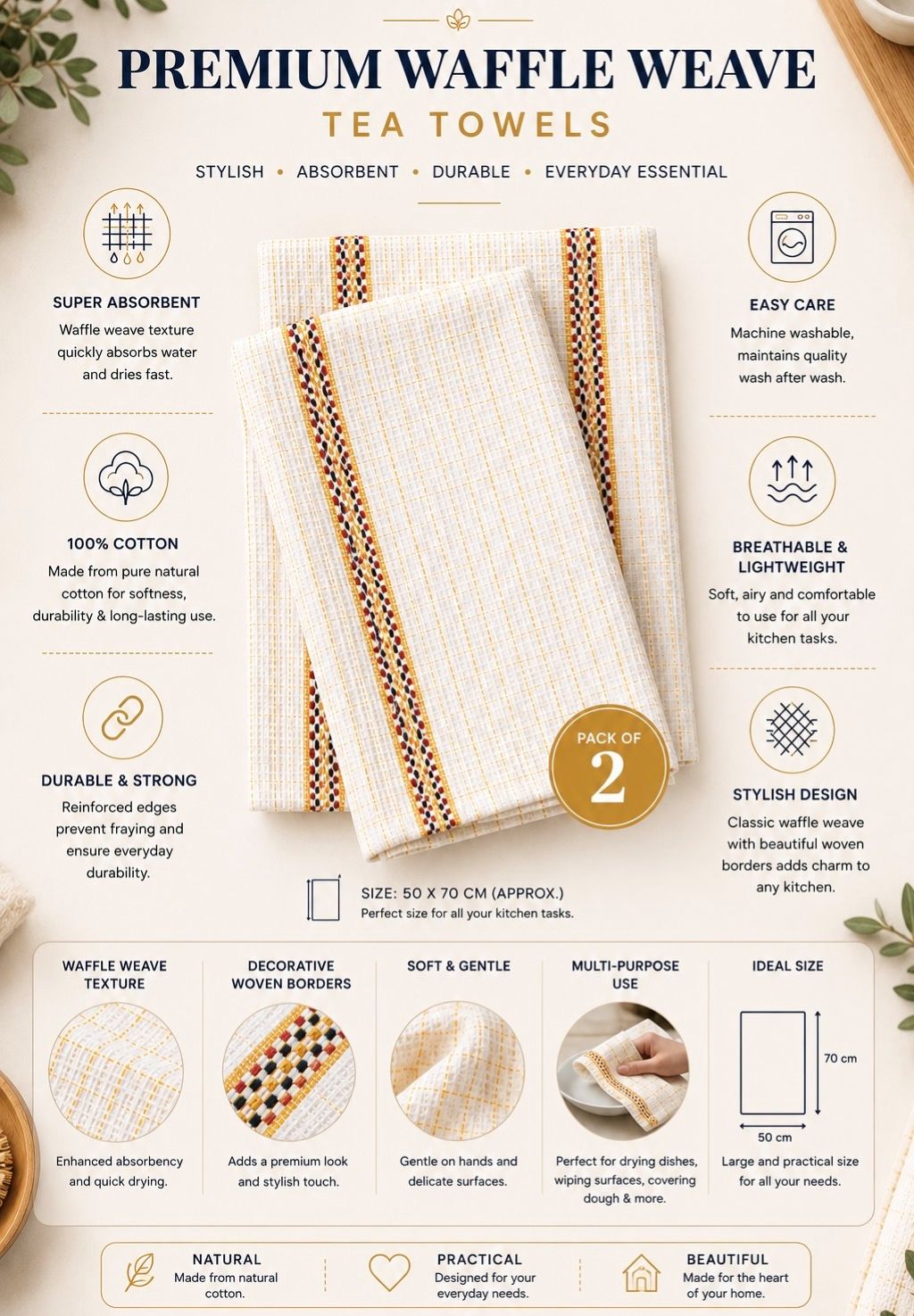 Hawai Tea Towels 2 Pack – 100% Cotton, Soft & Absorbent Kitchen Towels 50x70cm - Image 12