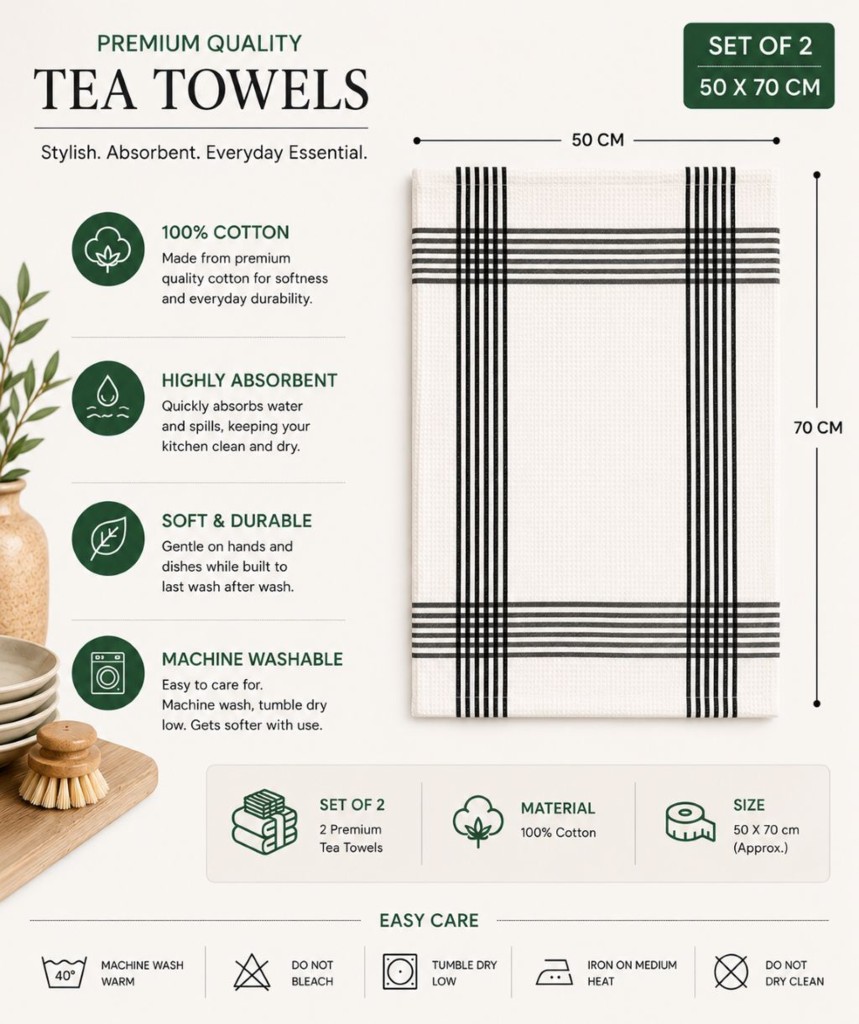 Waffle Tea Towels 2 Pack – 100% Cotton, Soft & Absorbent Kitchen Towels 50x70cm - Image 2