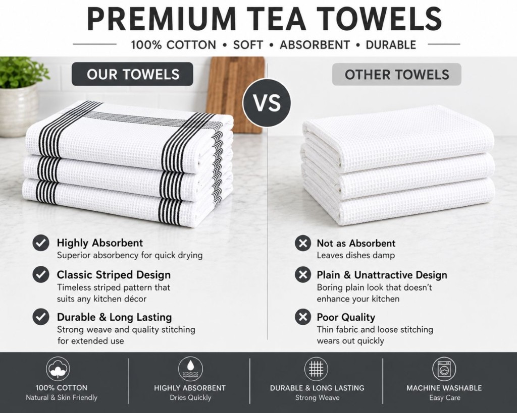 Waffle Tea Towels 2 Pack – 100% Cotton, Soft & Absorbent Kitchen Towels 50x70cm - Image 6