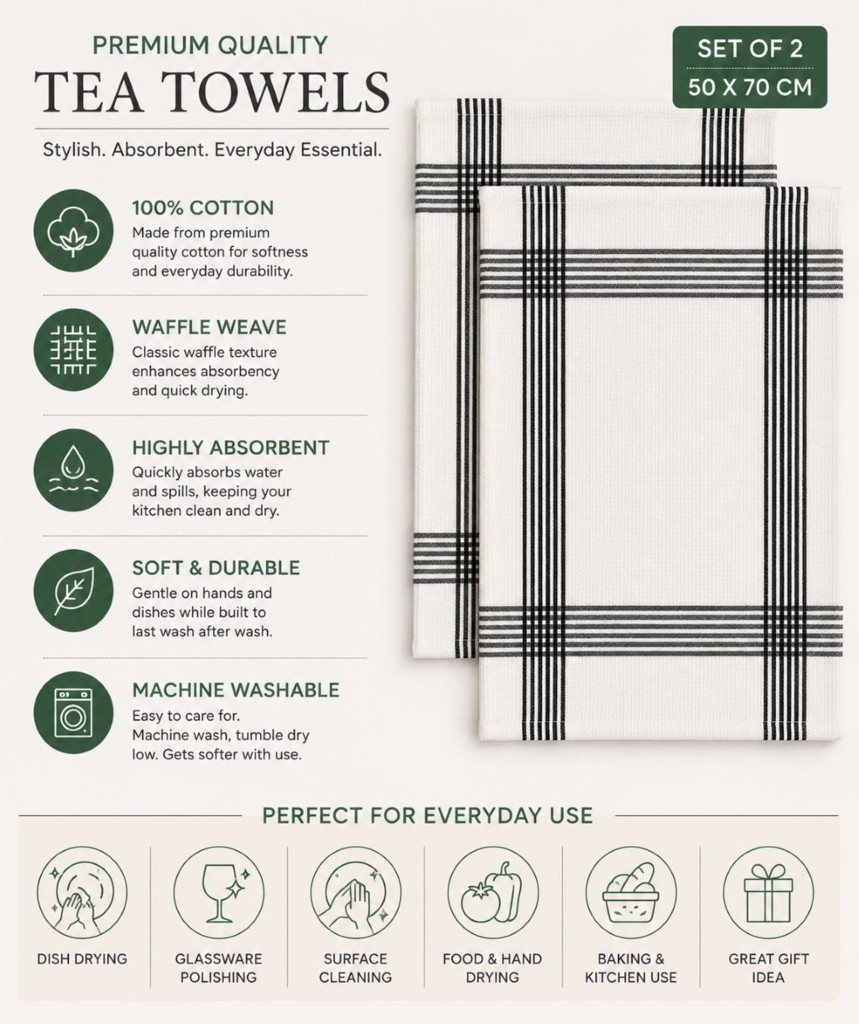 Waffle Tea Towels 2 Pack – 100% Cotton, Soft & Absorbent Kitchen Towels 50x70cm - Image 7