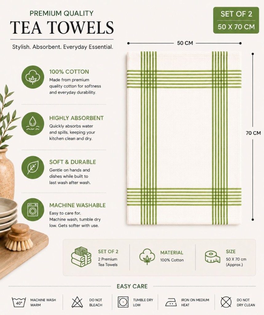 Waffle Tea Towels 2 Pack – 100% Cotton, Soft & Absorbent Kitchen Towels 50x70cm - Image 11