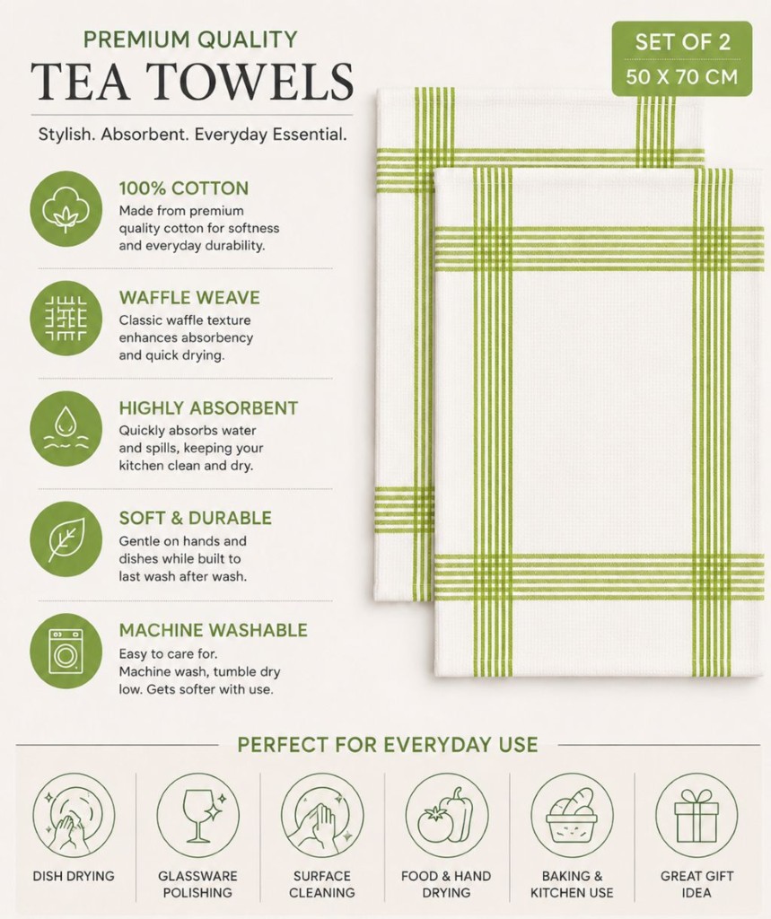 Waffle Tea Towels 2 Pack – 100% Cotton, Soft & Absorbent Kitchen Towels 50x70cm - Image 16