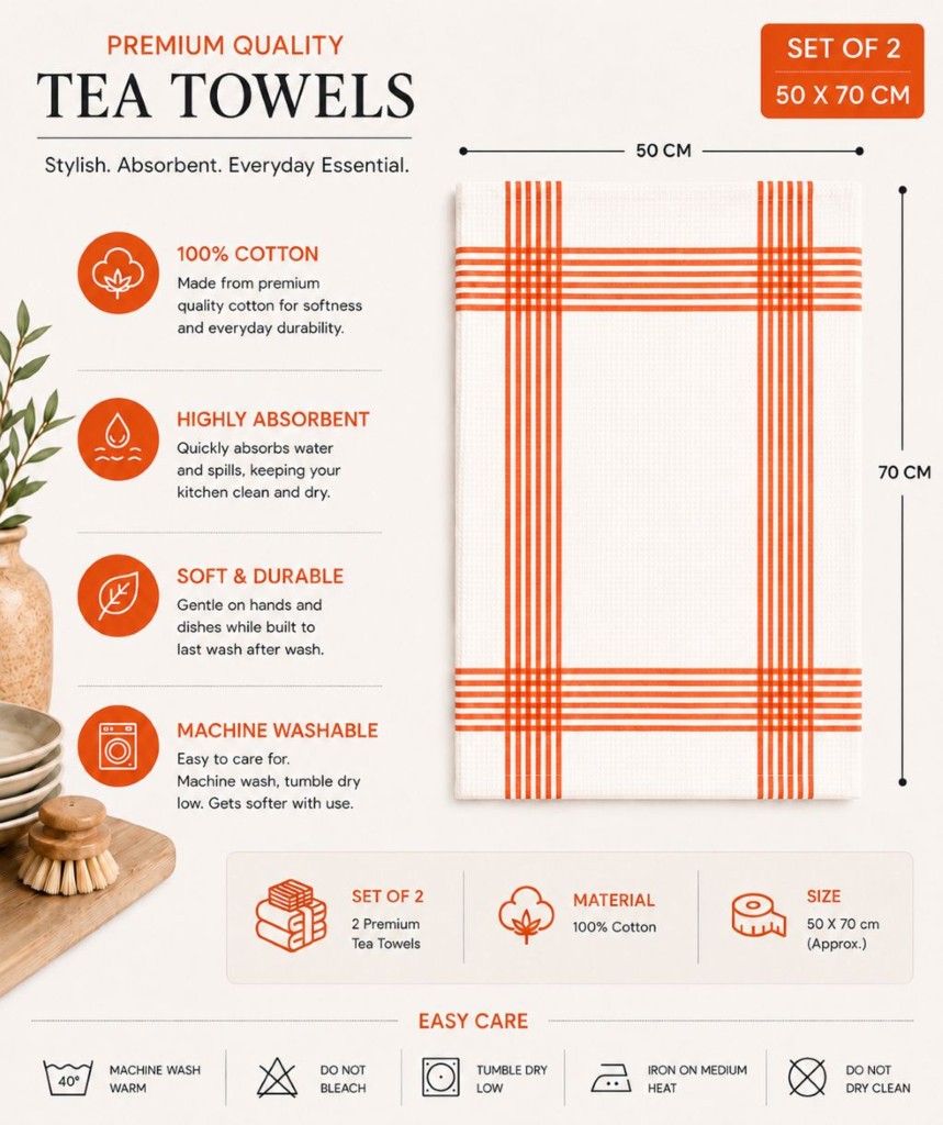 Waffle Tea Towels 2 Pack – 100% Cotton, Soft & Absorbent Kitchen Towels 50x70cm - Image 21