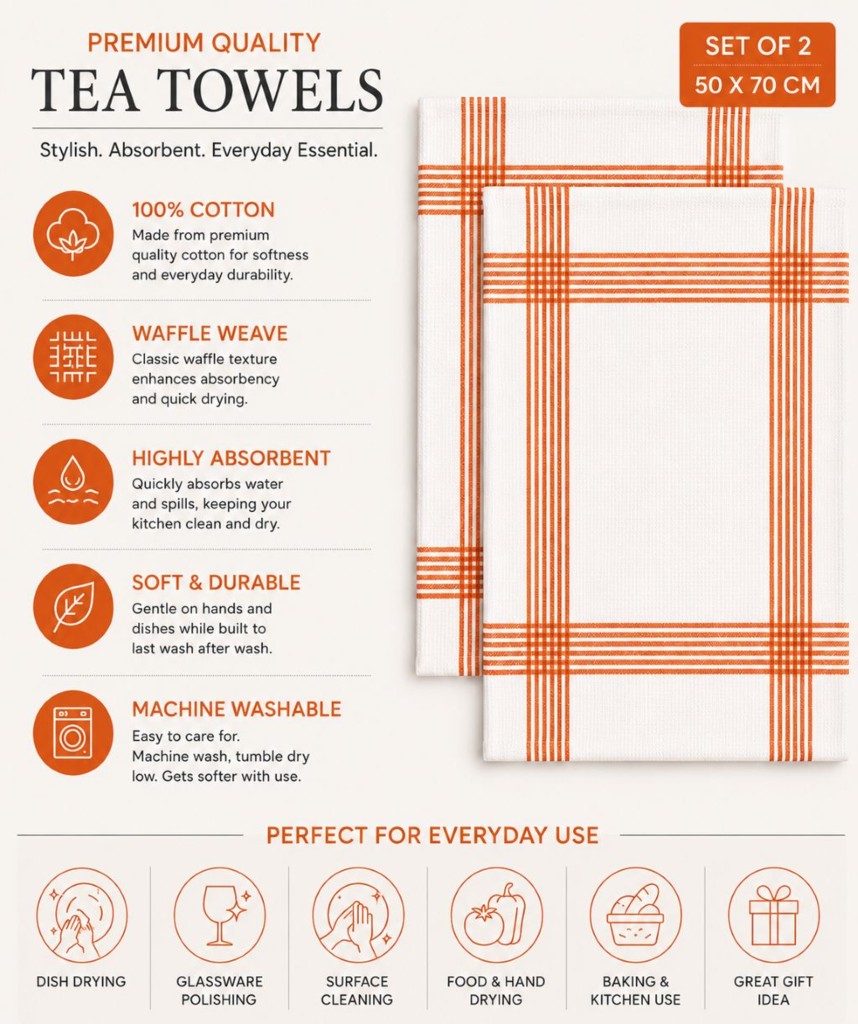 Waffle Tea Towels 2 Pack – 100% Cotton, Soft & Absorbent Kitchen Towels 50x70cm - Image 22