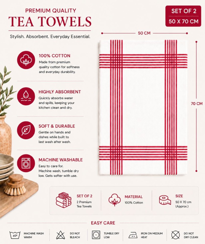 Waffle Tea Towels 2 Pack – 100% Cotton, Soft & Absorbent Kitchen Towels 50x70cm - Image 26