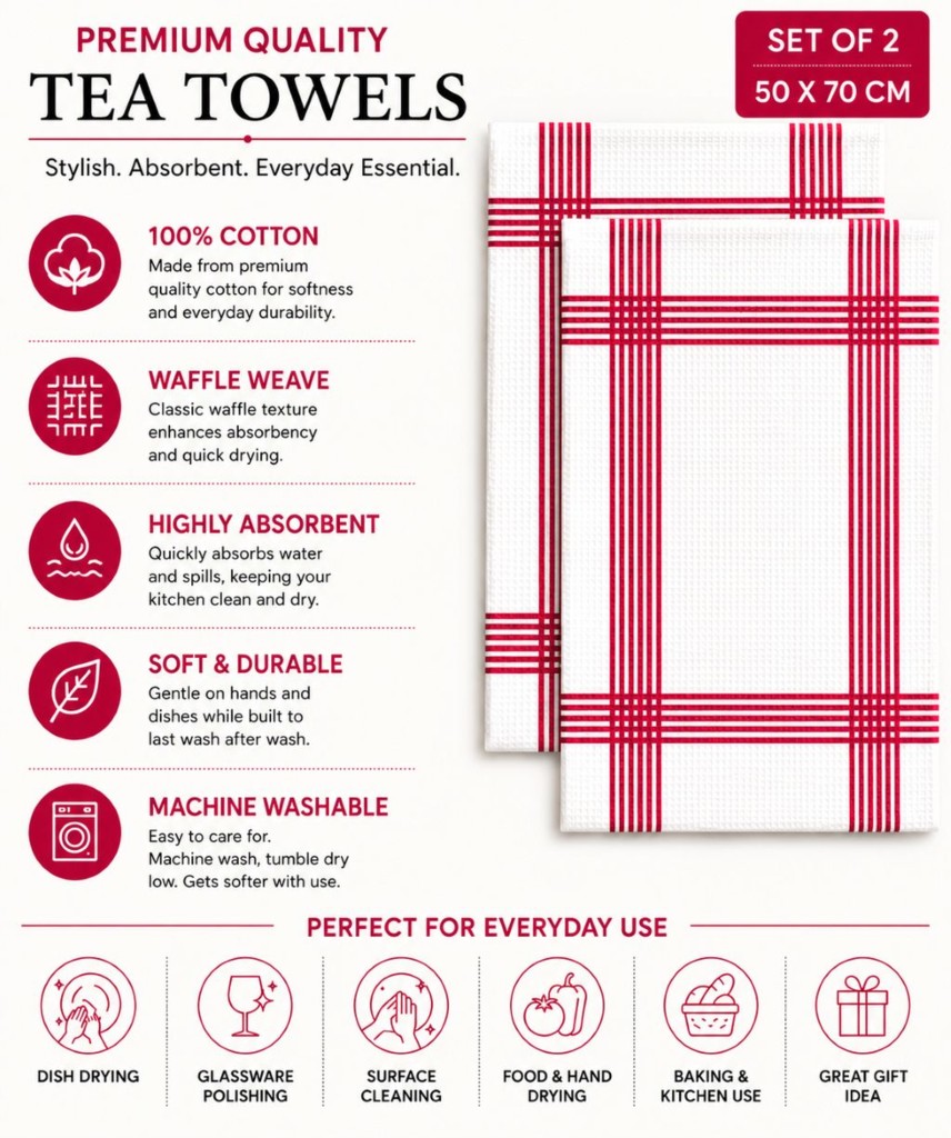 Waffle Tea Towels 2 Pack – 100% Cotton, Soft & Absorbent Kitchen Towels 50x70cm - Image 30