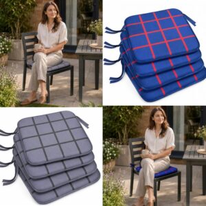 4 Pack Waterproof Check TARTAN Seat Pads Indoor & Outdoor Chair Cushions 38x38cm