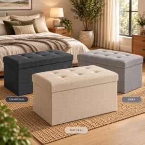 Brook Linen Storage Box Ottoman – Multipurpose Footstool, Toy Box & Storage Seat