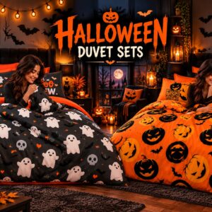 Halloween Duvet Cover Set – Fright Night Pumpkin, Ghost & Ghoul Spooky Bedding with Pillowcases