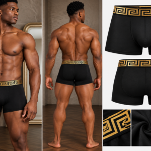 Men's Greek Key Boxer Shorts Cotton Rich Underwear Silver Gold Waistband Trunks